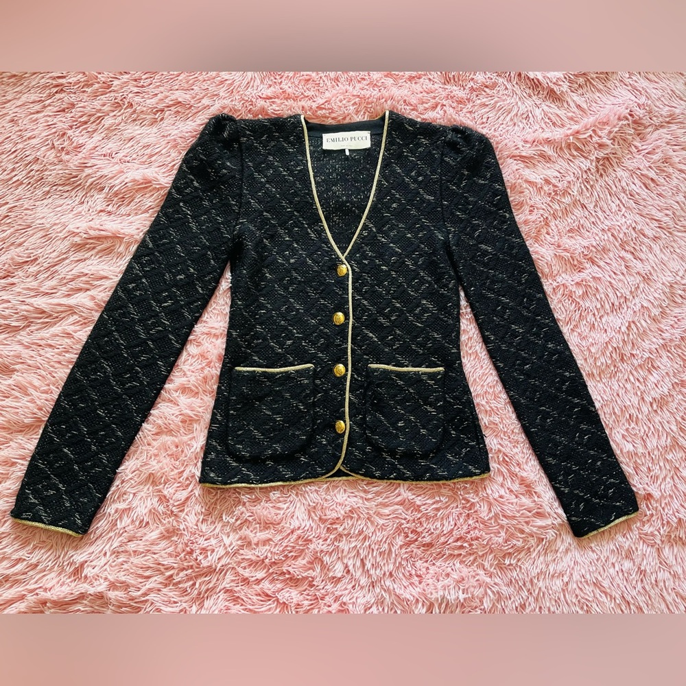 Emilio Pucci Black Wool Lurex Knit Detail Coat Small